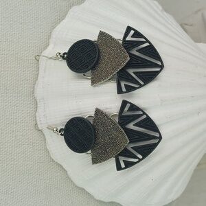 Industrial Design Black & Silver Metallic Textured Mod Art Dangling Earrings